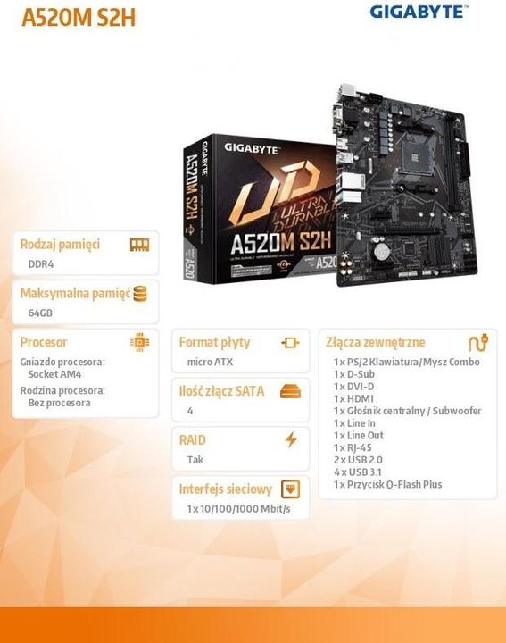 Actual product image Gigabyte A520M S2H (AM4, AMD A520, mATX)