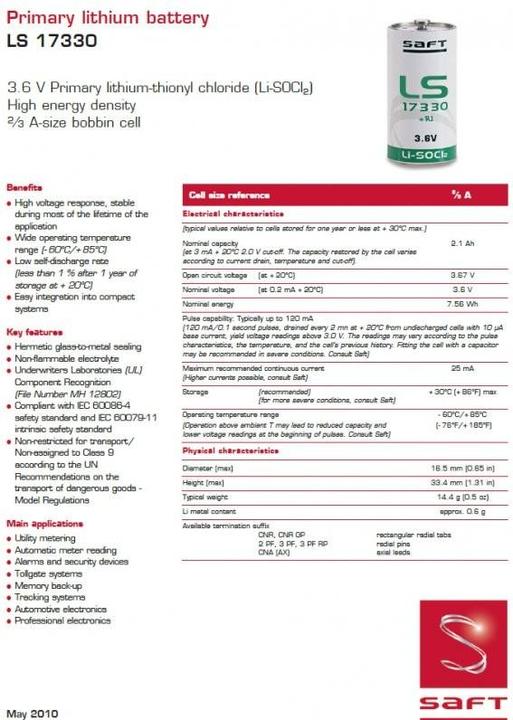 Immagine prodotto Saft Batteria LS-17330 con etichetta U solder (1 pz., AA, 2100 mAh)