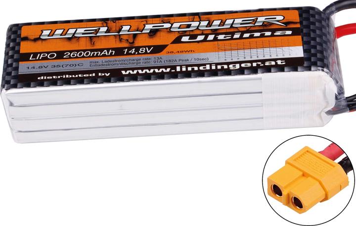 Actual product image Wellpower Lipo battery Ultima 2600 mAh / 14.8 Volt 4S 35/70C CH5/8 XT-60 (14.80 V, 2600 mAh)