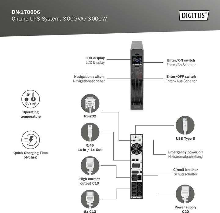 Produktbild Digitus OnLine USV-System, 3000 VA / 3000 W (3000 VA, 3000 W, Online-Doppelwandler USV)
