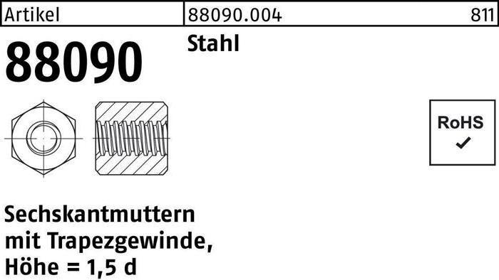Sechskantmutter R 88090 m.Trapezgewinde TR20x4-SW30x30 Stahl Höhe=1,5d (M20)