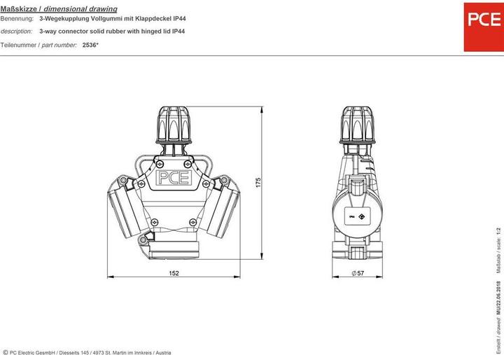 Produktbild PCE 3-Wege Kupplung mit Klappdeckel Vollgummi IP44 250V 16A 253622-s