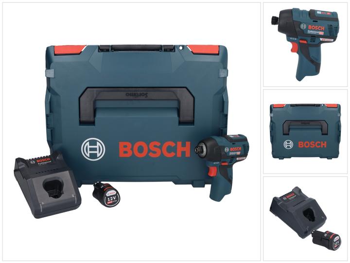 1x Bosch GDR 12V-110 Professional accu-slagmoersleutel, 1x Bosch GBA 12 V 2.0 Ah oplaadbare accu, 1x Bosch GAL 12V-40 oplader, 1x L-Boxx 102 koffer, 1x passend inzetstuk
