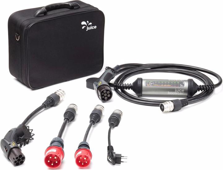 1 EV, 4 prises domestiques, Rallonge + accessoires divers, JUICE BOOSTER 2 y compris 9 adaptateurs : 4 connecteurs industriels