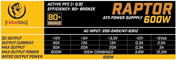 Immagine prodotto Rebeltec Alimentatore ATX RAPTOR 600W BRONZE 80+ Single Rail DC-DC (600 W)