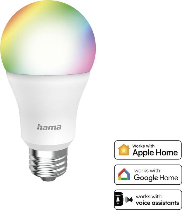 Image du produit Hama Ampoule LED WLAN intelligente, E27, Matter, 9W, RGBW, pour contrôle vocal/par application (E27, 9 W, 806 lm, 1 x, F)