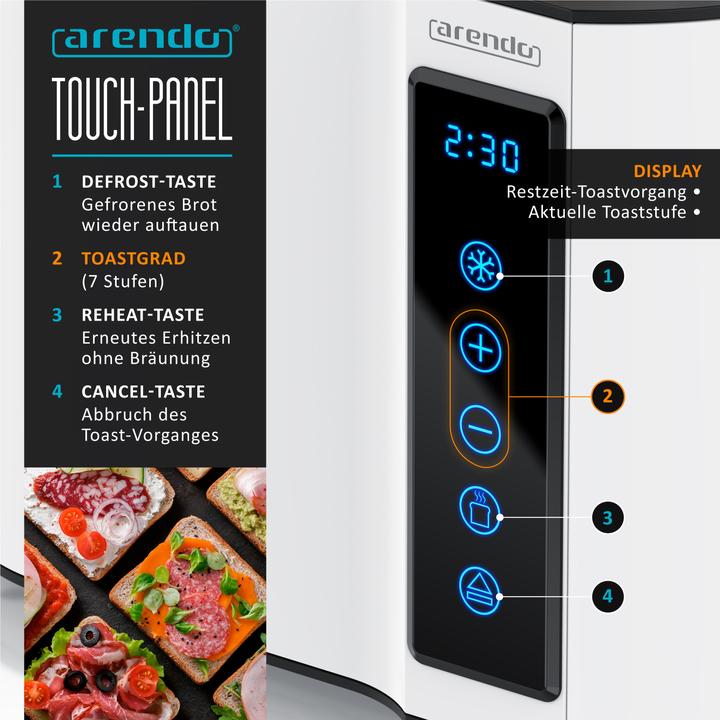 Actual product image Arendo Toaster stainless steel 2 slices short slot, touch panel, bread roll attachment, display with