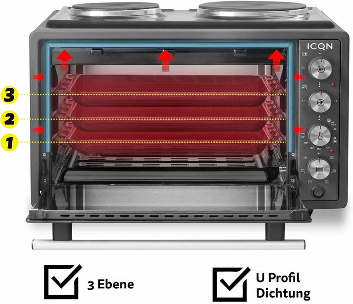 Produktbild Icqn 42 Liter Minibackofen mit Kochplatten
