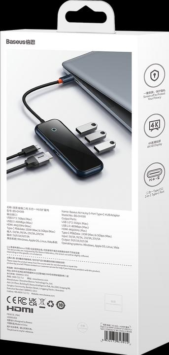 Actual product image Baseus AcmeJoy 5-Port Type-C HUB AdapterType-C to HDMI*1+USB3.0*2+USB2.0*1+Type-C PD&Data *1Dark Gray (USB-C, 5 Ports)