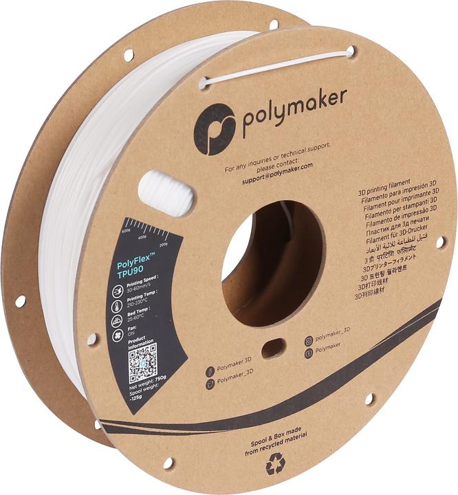 Produktbild Polymaker PolyFlex TPU90 V2 - White - 1.75mm (TPU, 1.75 mm, 750 g, Weiss)