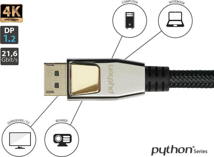 Actual product image Python Connection cable DisplayPort 1.2, 4K / UHD @60Hz, full metal connector, gold-plated contacts, OFC (10 m, DisplayPort)