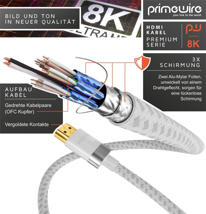 Produktbild Primewire HDMI Kabel 2.1, 8K @ 120Hz / 4K @ 240Hz DSC, Ultra High Speed, Nylonummantelung, HDR, ARC (10 m, HDMI)