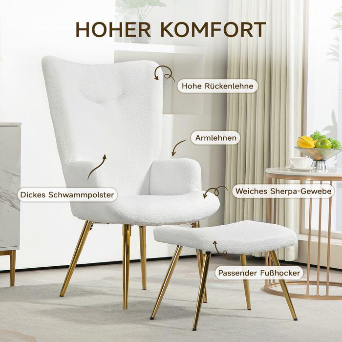 Immagine prodotto Swisshandel24 Ohrensessel mit Hocker, Sessel mit Sherpa-Bezug, Hohe Rückenlehne, Weiss