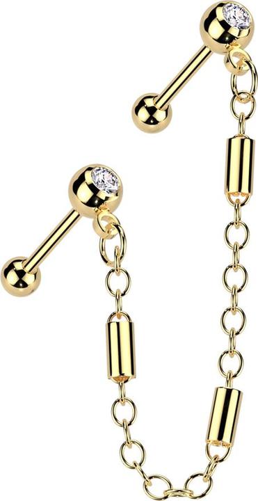 Produktbild Star Piercing Micro Barbell vergoldet mit Kugel und Kugeln Kristall silber Verbindungskette drei Balken (Chirurgenstahl 316L, Messing)
