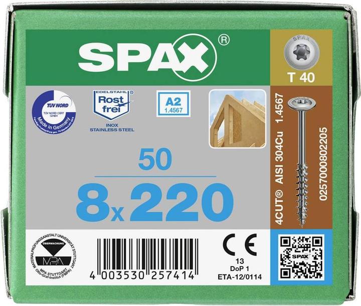 Produktbild Spax HI.FORCE, 8 x 220 mm, 50 Stück, Teilgewinde, Tellerkopf, T-STAR plus T40, 4CUT, Edelstahl rost (50 Schrauben pro Stück)