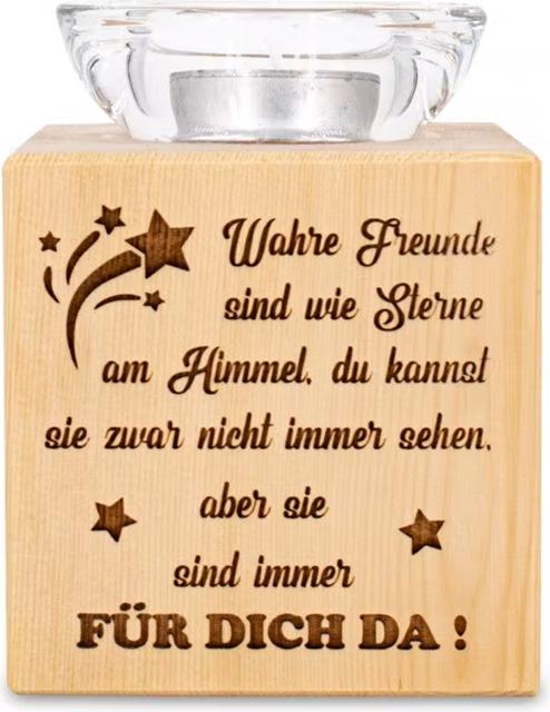 Produktbild ZNatur Zirben Holz Teelichthalter Würfel & Glas Dekogeschenk mit Gravur Wahre FreundeNo.11 (1 x)