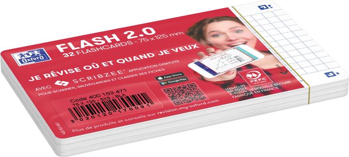 Image du produit Oxford Fiches Flash 2.0, 75 x 125 mm, quadrillées blanc, 250 g/qm, coins arrondis, certifiées PEFC (75 x 125 mm, 250 g/m², 64 x)