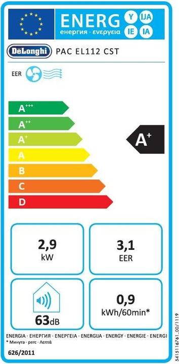 Etichetta energetica De'Longhi Pinguino PAC EL112 CST (110 m², 11000 BTU/h)