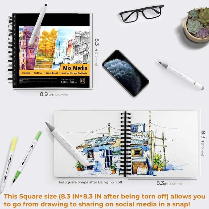 Actual product image Ohuhu Mix Media Kunst-Skizzenbuch, 62 Blatt, 22.5 x 21 cm (22.5 x 21 cm, Plain, Soft cover)