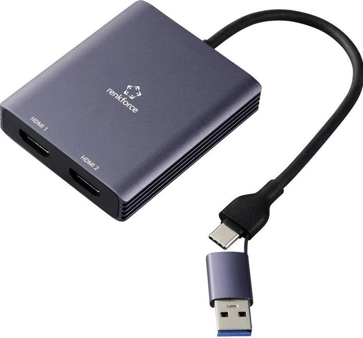 Immagine prodotto Renkforce RF-6418198 Adattatore USB-C® / HDMI (1x USB-A, USB-C® - 2x HDMI®) Grigio 4K (USB-C, HDMI, 15 cm)