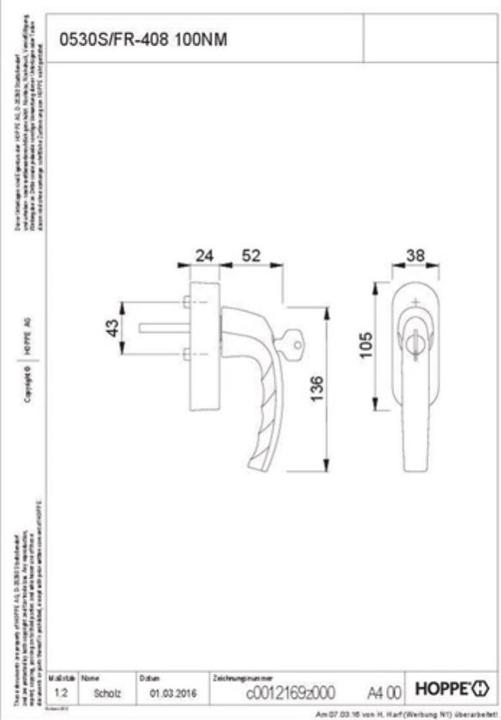 Produktbild Hoppe SecuSignal eWindow Griff Atlanta 0530S/FR-408 100NM quadratisch Abmessung 7mm Stift 32-42mm prot. F9 (Türgriff)