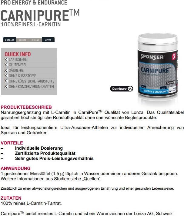 Nutritional values and ingredients Sponser Pro Carnipure (1 Piece, Powder, 150 g)