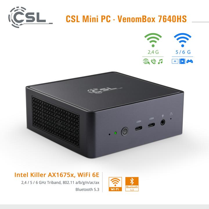 Actual product image CSL Mini-PC VenomBox 7640HS / 32GB / 500 GB M.2 SSD / Windows 11 Pro (AMD Ryzen 5 7640HS, 32.77 GB, 500 GB)