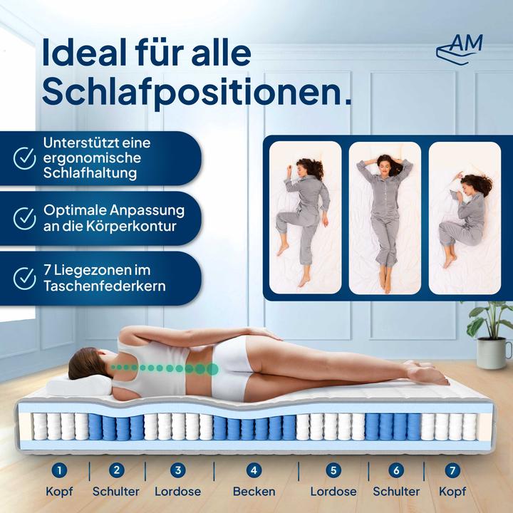 Produktbild AM Qualitätsmatratzen Orthopädischer 7-Zonen Taschenfederkern (140 x 190 cm, Federkern)
