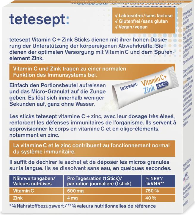 Nährwerte und Zutaten Tetesept Vitamin C + Zink (20 Stück, Pulver, Beutel, Sachet, 77.50 g)