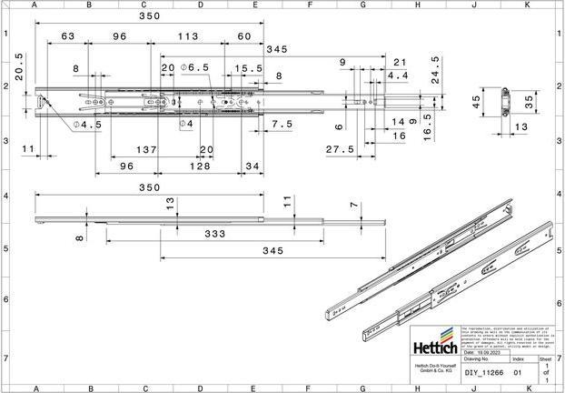 Image du produit Hettich Schubladenschiene Vollauszug 350 mm chromatiert 2 Stück