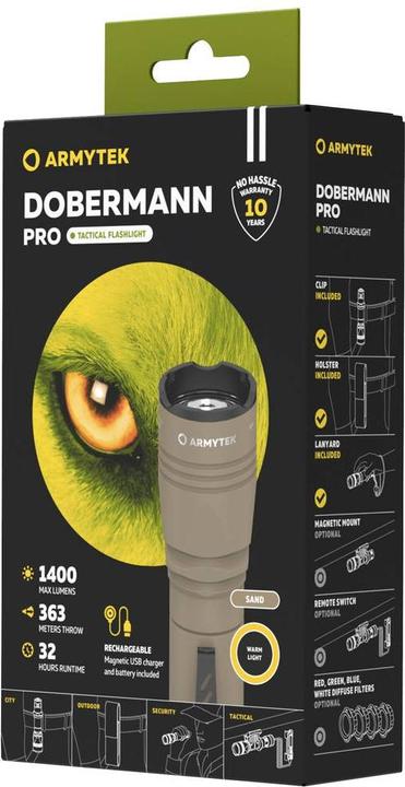 Actual product image ArmyTek Dobermann Pro Magnet USB Sand Warm LED torch with wrist strap, with holster battery-powered (15 cm, 1400 lm)