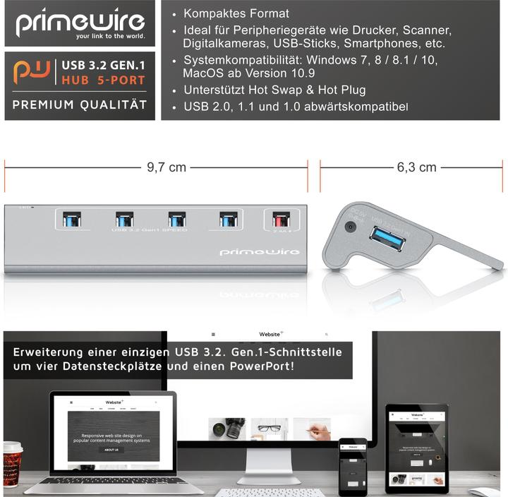Image du produit Primewire Hub 5 ports USB 3.2 Gen.1 Actif avec adaptateur secteur & câble USB, Hub de données USB 3.0 5 (5 Ports)