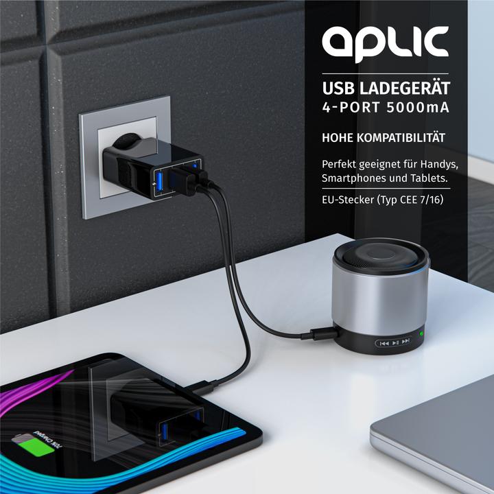 Actual product image Aplic USB charger 5000 mA, 4 port power supply for mobile, tablet and much more. 5000mA 2.4A max. per (25 W)