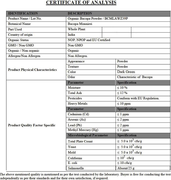 Valori nutrizionali e ingredienti Zimmerli Adaptogene Bacopa Brahmi Capsule (BIO) 50 Capsule (1 Pezzo/i, Pillole, 25 g)