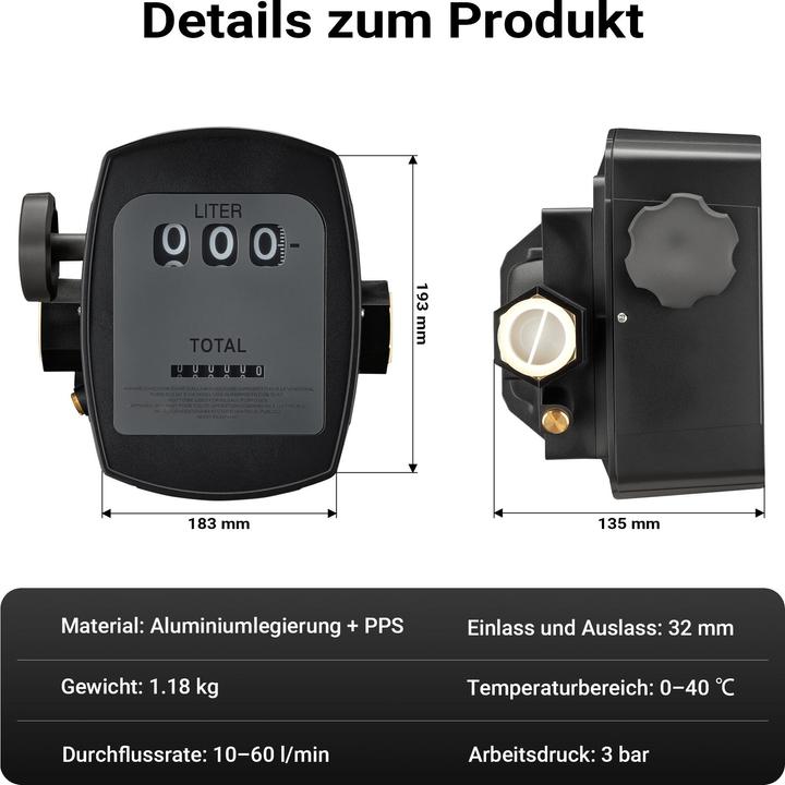Actual product image Wiltec Diesel Fuel Oil Counter Flow Meter 3 bar 10-60l/min Connection 1