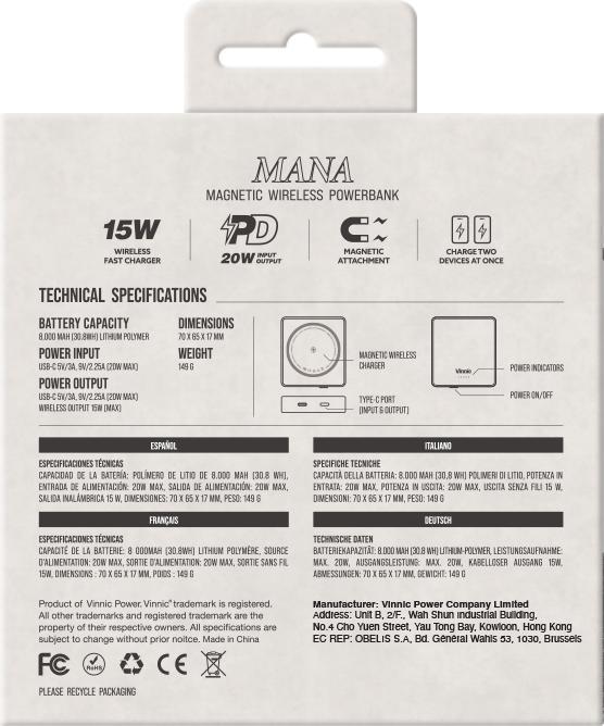 Nutritional values and ingredients Vinnic MANA Magnetic Wireless Powerbank 8,000mAh, clay (8000 mAh, 15 W, 30.80 Wh)