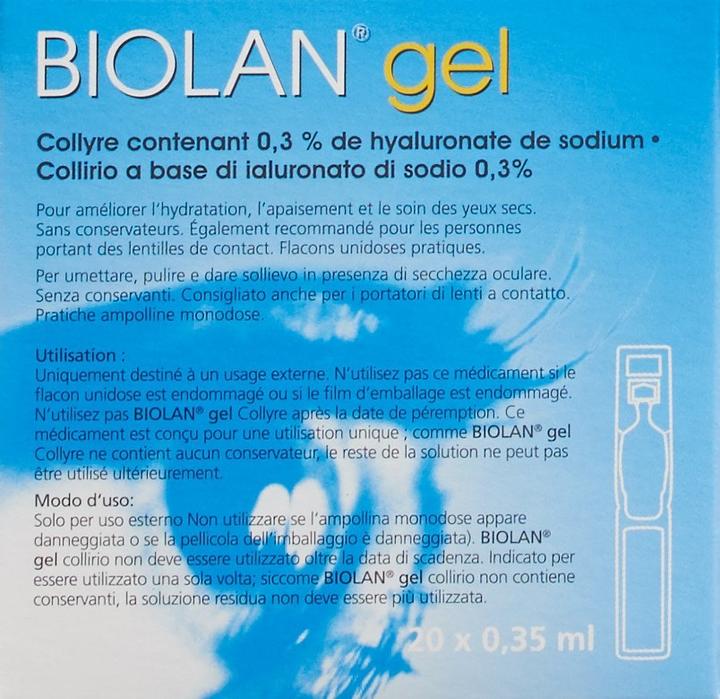Produktbild Biolan Gel Augentropfen (7 ml, Biolan Augentropfen/Gel mit Natriumhyaluronat 0.3% zur verbesserten Befeuchtung, Linderung und Pflege trockener Augen)