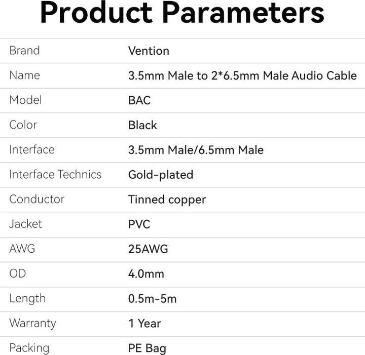 Nutritional values and ingredients Vention 2in1 (1 m, 6.3mm jack, 3.5mm jack (AUX))