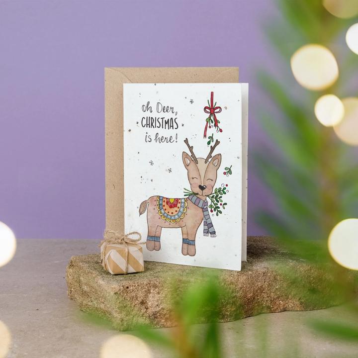 Produktbild Einfach Weniger Weihnachtskarte - einpflanzbare Postkarte mit bunten Blumensamen (Oh, deer Christmas is here) (1 Stk.)