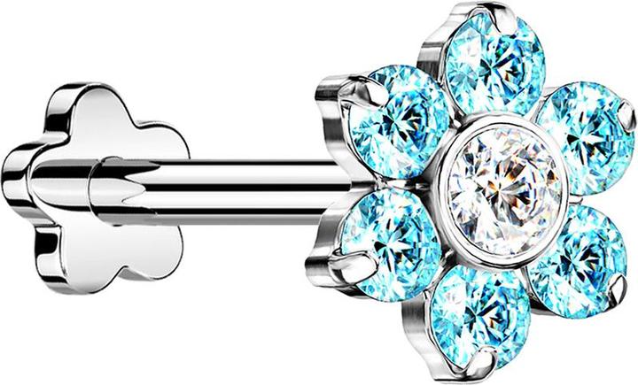 Produktbild Star Piercing Micro Threadless Labret Blume silber Blume Kristalle aqua (Titan G23, ohne Messing)