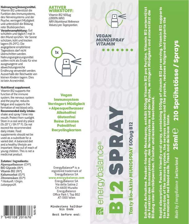 Valori nutrizionali e ingredienti Energybalance B12 (1 Pezzo/i, Getto vaporizzato, 0.03 g)