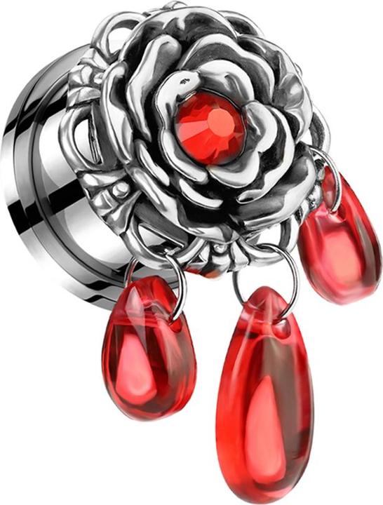 Produktbild Star Piercing Flesh Plug Blume Kristall rot Anhänger Glastropfen (Chirurgenstahl 316L, Messing)