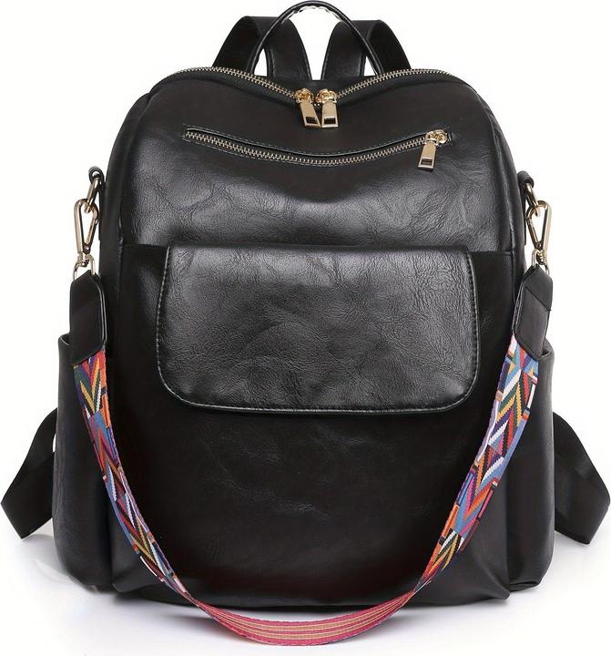 Only-Bags.Store Retro Solid Colour Backpack Purse, Geometric Wide Strap Shoulder Bag, Fashion PU Leather