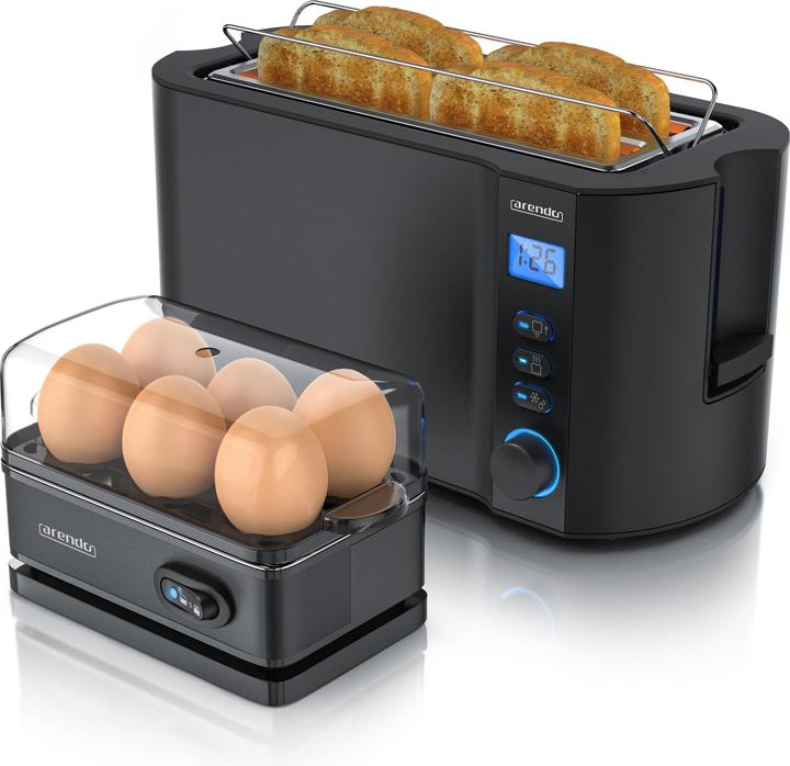 Arendo Breakfast set, 4-slice long slot toaster with bun rack & egg cooker for 6 eggs, black