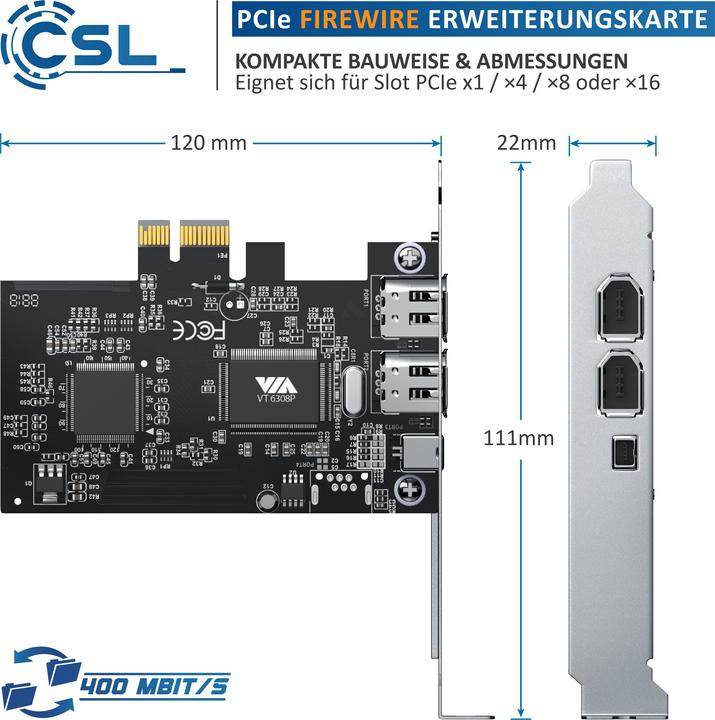 Produktbild CSL PCI Firewire Karte, Erweiterungskarte, Netzwerk-Adapter, 1394a 1394b Controller Karte, 3x Anschlüsse