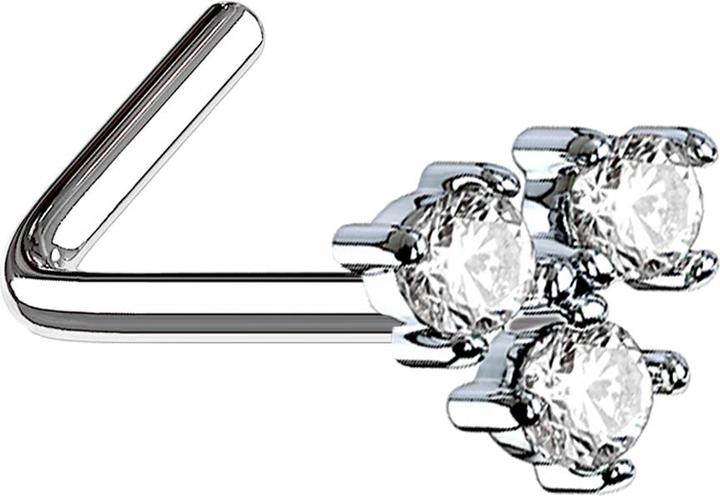 Star Piercing Nasenstecker gewinkelt silber mit drei Kristallen silber (Messing, Chirurgenstahl 316L)