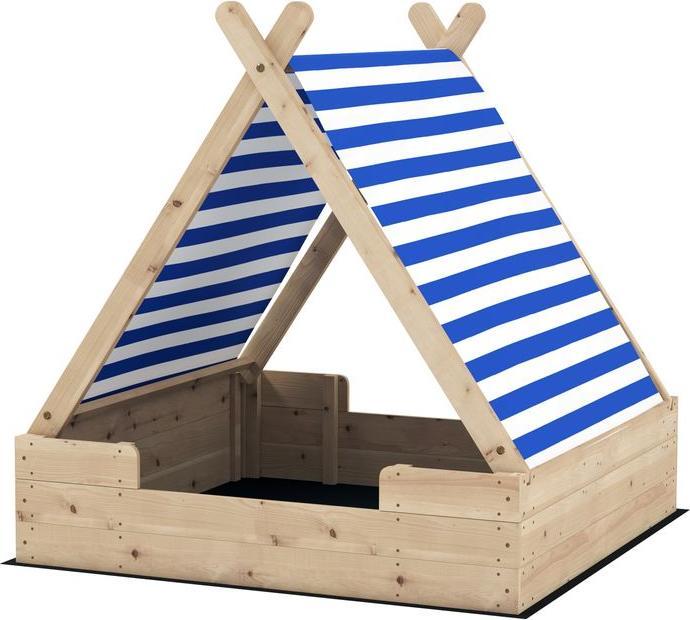 Produktbild Swisshandel24 Sandkasten mit Zeltdach, 120 x 120 cm Sandkiste aus Holz mit Bodenplane Natur