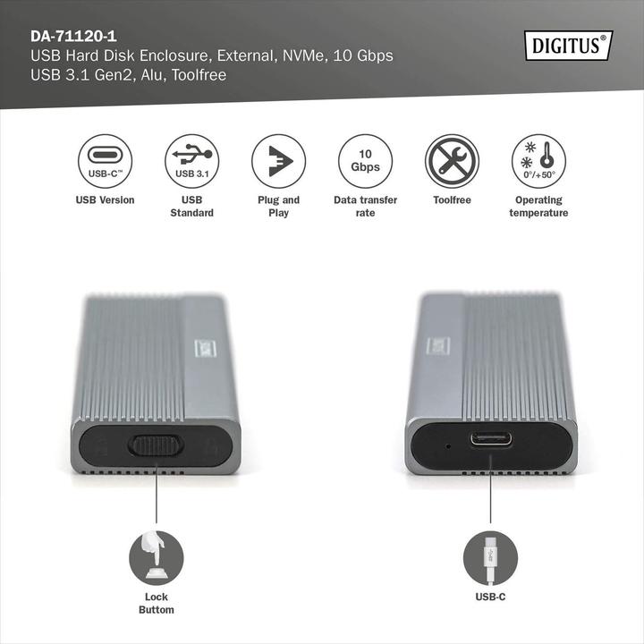 Productafbeelding Digitus USB M.2 voor harde schijf, SSD, extern, NVMe, 10Gbps, USB 3.1 Gen2, aluminium, zonder gereedschap (M.2 2242, M.2 2260, M.2 2280, M.2 2230)