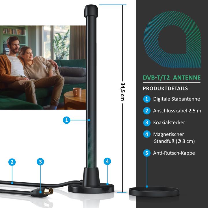 Produktbild Aplic DVB-T2 digitale Antenne, Stabantenne mit Magnetfuss, 6 dBi, hohe Empfangsleistung, DVB T2 Empfänger (Stabantenne, 6 dB, DVB-T / -T2)