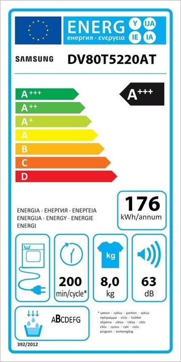 Label énergétique Samsung DV80T5220AT/S5 DV5000 (8 kg, Modifiable)